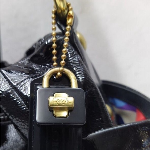 Coach Glossy Black Shoulder Bag HOBO drawstring with Gold Details.LEATHER. - Picture 4 of 14